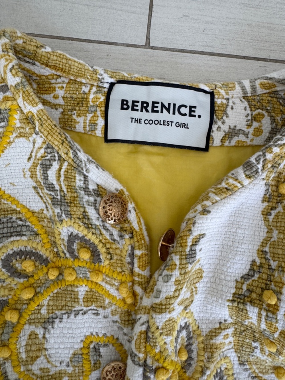Berenice Yellow & White Embroidered Bouclé Blazer